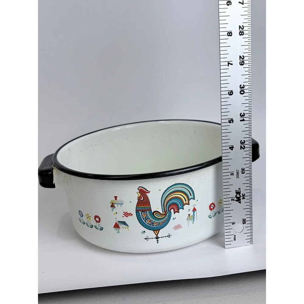 Vintage‎ Berggren Enamelware Stock Pot Scandinavian Folk Art Rooster White 8in